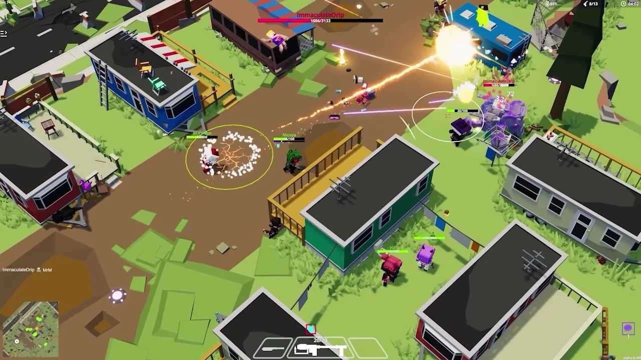 A mech and players fighting in Megaweapon's colorful top-down arena