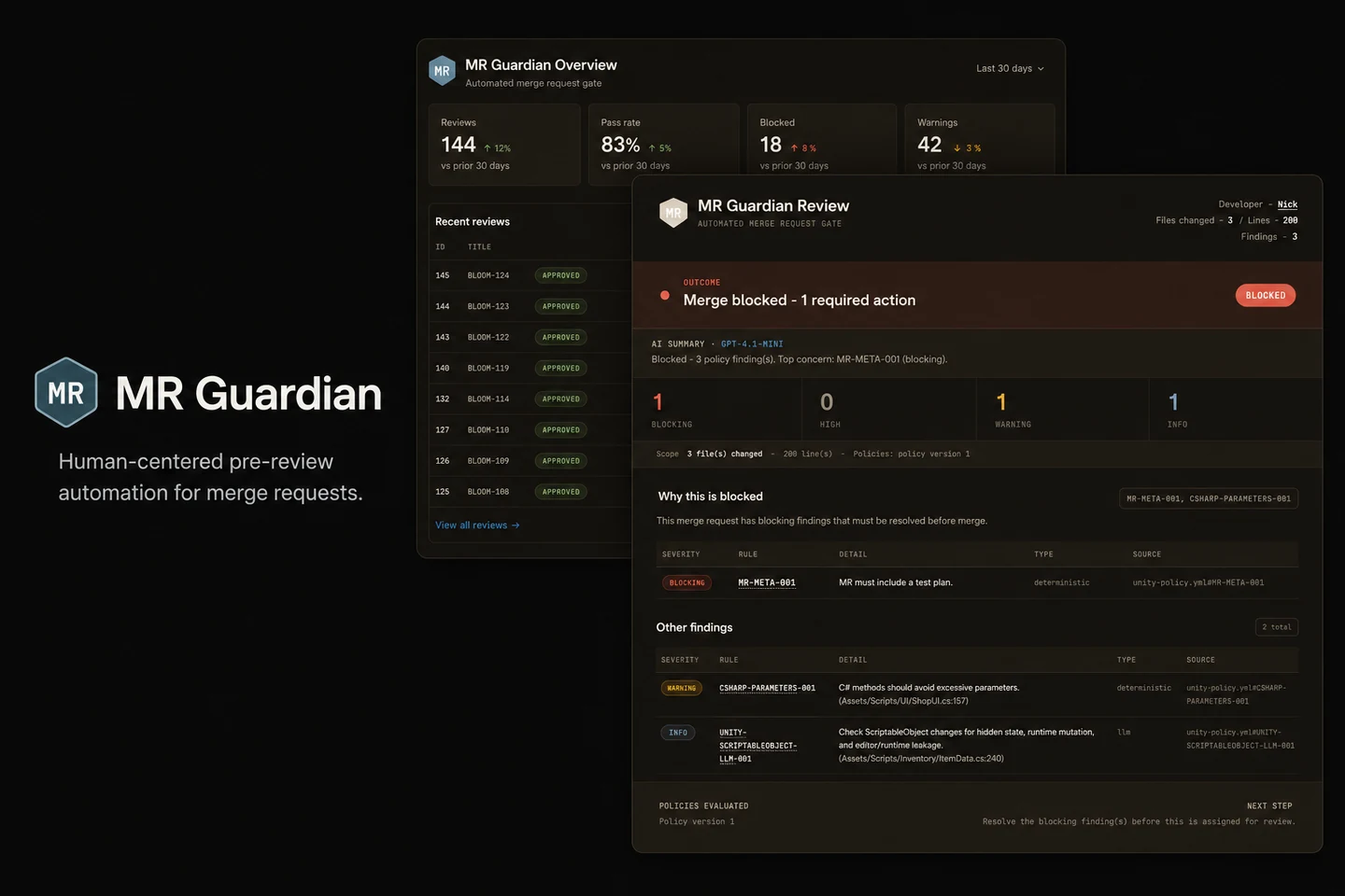 MR Guardian's existing project graphic, showing its review report and dashboard