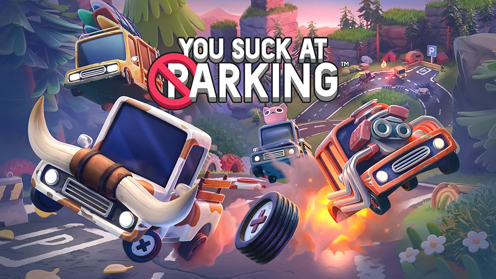 You Suck at Parking official game artwork with cars racing around a winding track