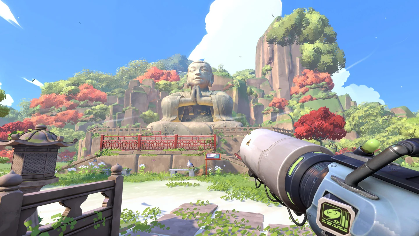 First-person cleaning equipment overlooking RE:NEW/ALL's bright island ruins