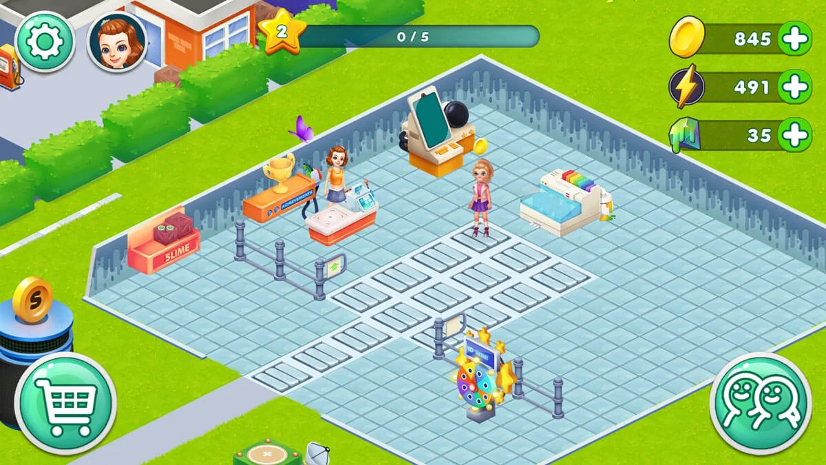 Players and customers inside a colorful Slimeatory shop